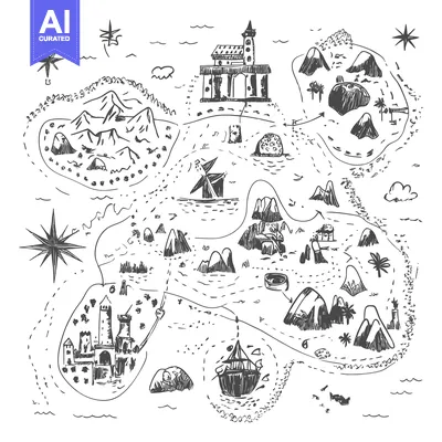 Aset desain premium: Hand-drawn Sketch of a Treasure Map with Islands, Ships, and Castles
