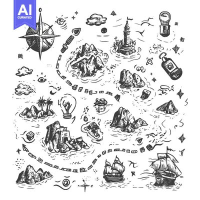 Popular premium asset: Hand-drawn Sketch of a Treasure Map with Islands, Ships, and Landmarks