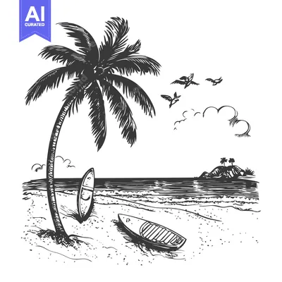 Aset desain premium: Hand-Drawn Sketch of a Tropical Beach Scene with Palm Trees, Boat, and