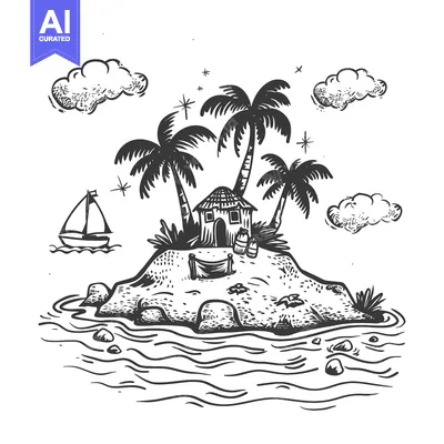 Aset premium populer: Hand-Drawn Sketch of a Tropical Island with Palm Trees, a Hut, and a S