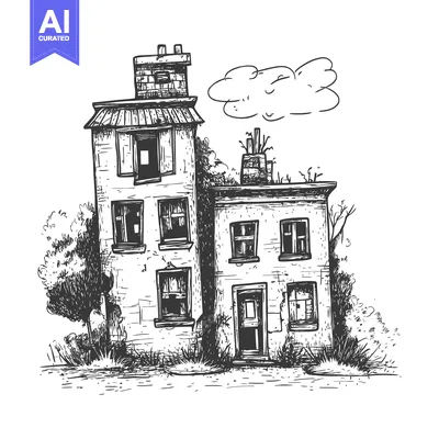 Aset desain premium: Hand-Drawn Sketch of a Two-Story Abandoned Brick Building with Overgro