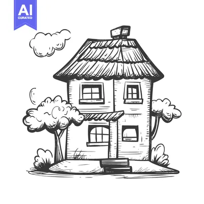 Popular premium asset: Hand-drawn sketch of a two-story house with a chimney and a front porc