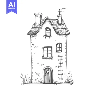 Aset desain premium: Hand-Drawn Sketch of a Two-Story House with a Ladder and Plants
