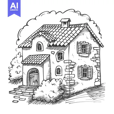Premium design asset: Hand-Drawn Sketch of a Two-Story House with a Tiled Roof