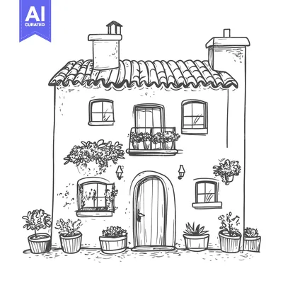 Aset desain premium: Hand-drawn sketch of a two-story house with potted plants and a door.