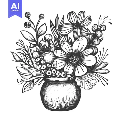 Popular premium asset: Hand-Drawn Sketch of a Vase with a Bouquet of Flowers and Foliage