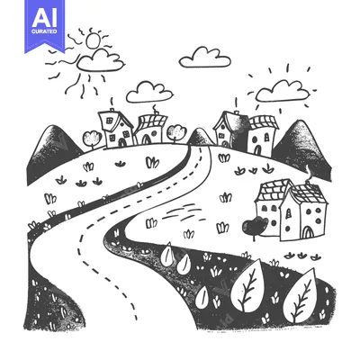 Popular premium asset: Hand-drawn Sketch of a Village with Houses, Mountains, and a Winding R