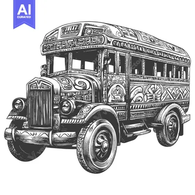 Aset premium populer: Hand-Drawn Sketch of a Vintage Bus with Ornamental Detail