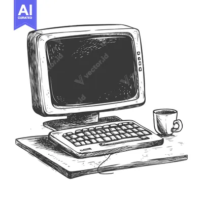 Aset desain premium: Hand-drawn sketch of a vintage computer and a mug of coffee