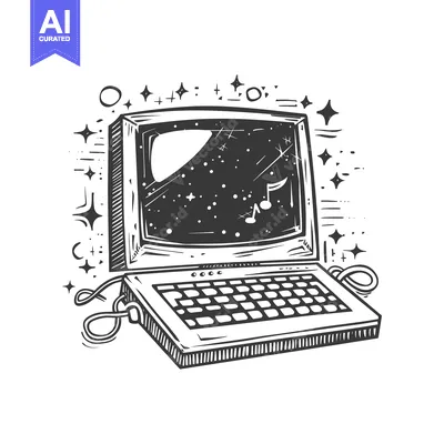 Aset desain premium: Hand-drawn Sketch of a Vintage Computer with a Starry Night Sky Displa