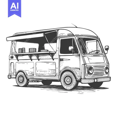 Aset desain premium: Hand-Drawn Sketch of a Vintage Food Truck with a Canopy