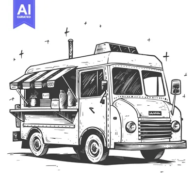 Aset desain premium: Hand-drawn sketch of a vintage food truck with an awning