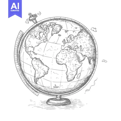 Hand-drawn sketch of a vintage globe with continents, meridians, and a