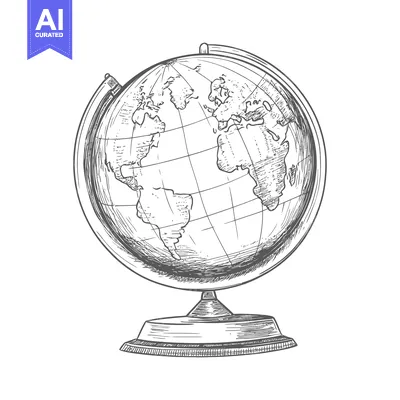 Aset desain premium: Hand-drawn sketch of a vintage globe with detailed continents