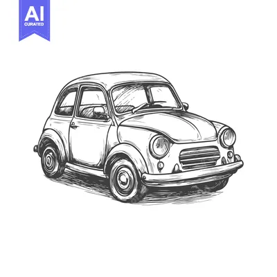Hand-drawn sketch of a vintage small car in black and white