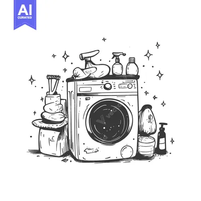 Popular premium asset: Hand-drawn sketch of a washing machine with cleaning supplies