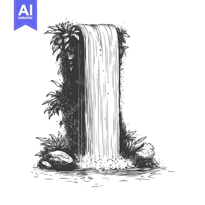 Aset premium populer: Hand-Drawn Sketch of a Waterfall Cascading Over a Cliffside