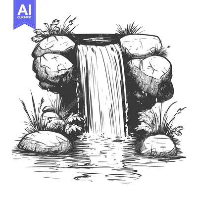 Aset premium populer: Hand-Drawn Sketch of a Waterfall Cascading Over Rocks