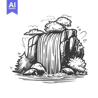 Aset desain premium: Hand-drawn Sketch of a Waterfall Cascading Over Rocks Surrounded by Tr