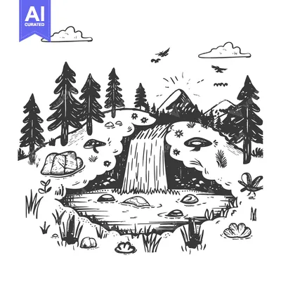Aset desain premium: Hand-Drawn Sketch of a Waterfall in a Forest Setting