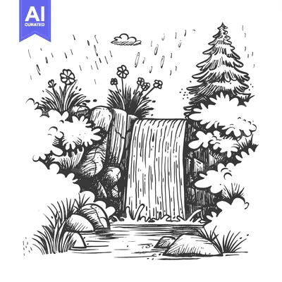 Aset premium populer: Hand-Drawn Sketch of a Waterfall in a Lush Forest Setting with Rain