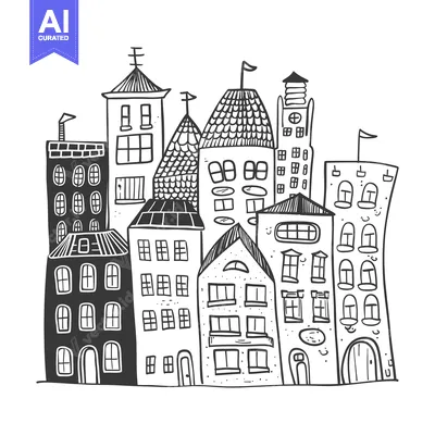 Aset premium populer: Hand-drawn sketch of a whimsical cityscape with various buildings and