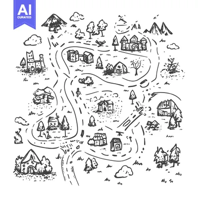 Aset premium populer: Hand-drawn sketch of a whimsical fantasy map with castles, houses, and