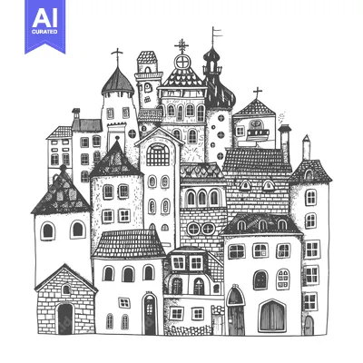Aset desain premium: Hand-drawn sketch of a whimsical town with unique buildings and archit