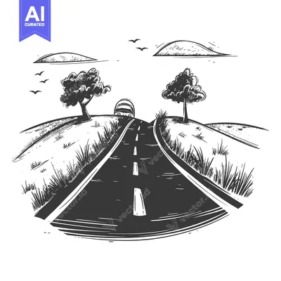 Aset desain premium: Hand-drawn sketch of a winding road leading through a grassy landscape