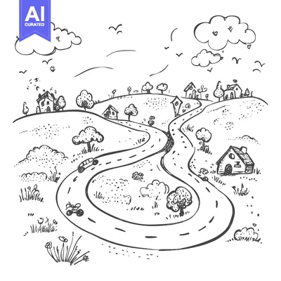 Aset premium populer: Hand-drawn sketch of a winding road through a countryside landscape wi