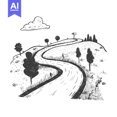 Aset premium populer: Hand-drawn Sketch of a Winding Road through a Hilly Landscape