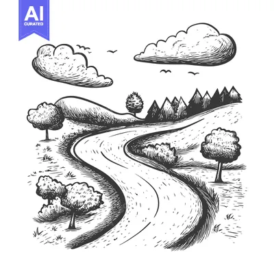 Aset premium populer: Hand-Drawn Sketch of a Winding Road Through a Lush, Forested Landscape