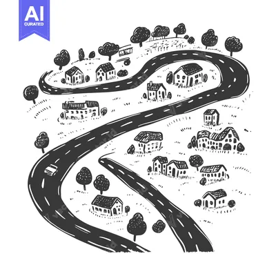 Aset desain premium: Hand-drawn sketch of a winding road through a small town with houses a