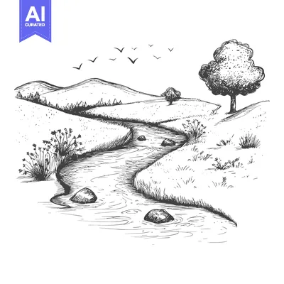 Aset premium populer: Hand-drawn sketch of a winding stream with hills, a tree, and birds fl