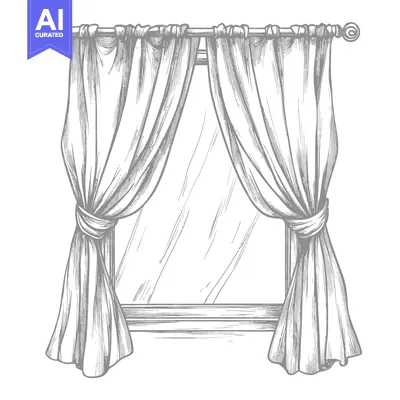 Aset premium populer: Hand-drawn sketch of a window with curtains