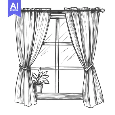 Aset desain premium: Hand-Drawn Sketch of a Window with Curtains and a Potted Plant