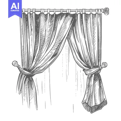 Premium design asset: Hand-drawn sketch of a window with draped curtains