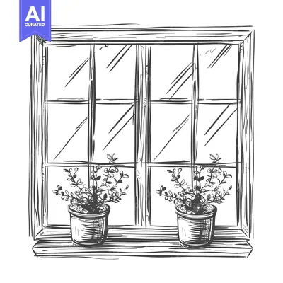 Premium design asset: Hand-Drawn Sketch of a Window with Two Potted Plants on a Windowsill