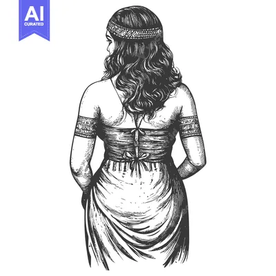 Aset desain premium: Hand-Drawn Sketch of a Woman in a Dress Facing Away from the Viewer