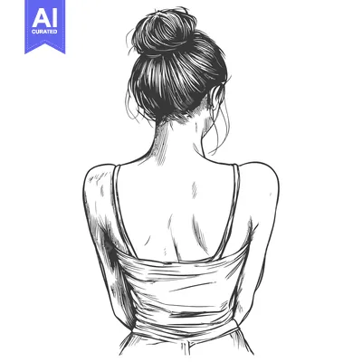 Aset desain premium: Hand-Drawn Sketch of a Woman's Back with Hair in a Bun