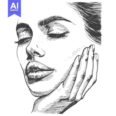 Aset premium populer: Hand-drawn Sketch of a Woman's Face with Closed Eyes and a Hand Restin