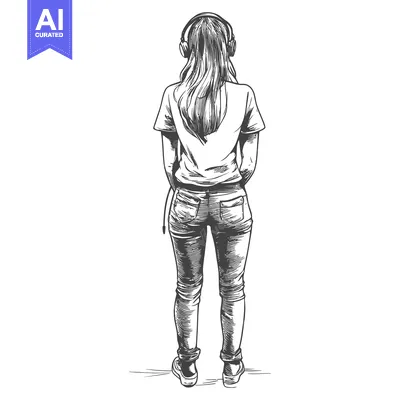 Popular premium asset: Hand-drawn Sketch of a Woman Wearing Headphones from Behind