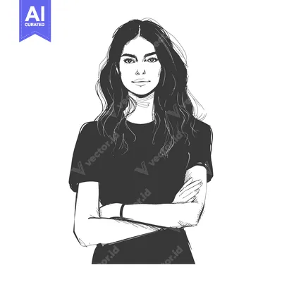 Popular premium asset: Hand-drawn sketch of a woman with long dark hair, wearing a t-shirt, a