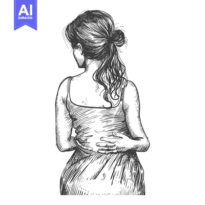 Aset desain premium: Hand-drawn sketch of a woman with long hair, viewed from behind, holdi