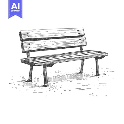 Hand-Drawn Sketch of a Wooden Bench in a Grassy Area