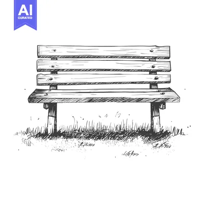 Aset desain premium: Hand-Drawn Sketch of a Wooden Bench in Grass
