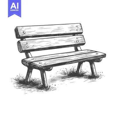 Aset desain premium: Hand-Drawn Sketch of a Wooden Bench with Grass