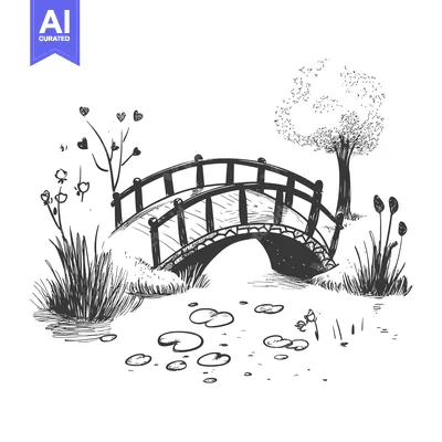 Aset premium populer: Hand-drawn sketch of a wooden bridge over a pond with lily pads and su