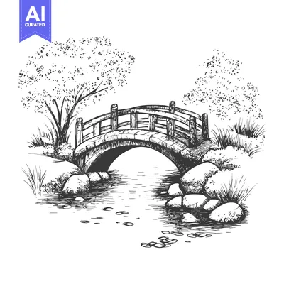 Aset desain premium: Hand-drawn sketch of a wooden bridge over a river with trees and rocks