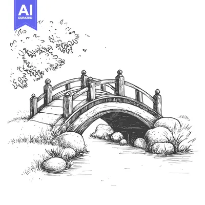 Aset premium populer: Hand-drawn sketch of a wooden bridge over a stream with rocks and gras
